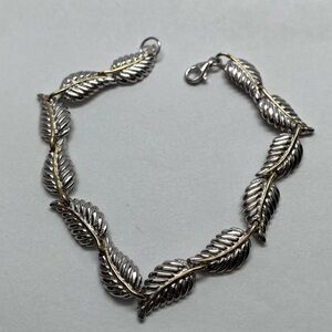 Solid Sterling Silver and Yellow Gold Overlay Leaf Link 8mm Bracelet 7.5"